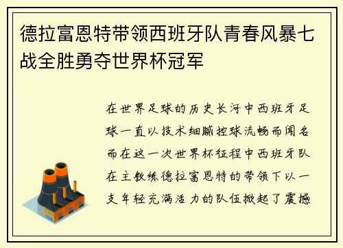 德拉富恩特带领西班牙队青春风暴七战全胜勇夺世界杯冠军